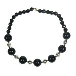 Black Plastic Beaded Pale Goldtone Necklace 22 Inch Vintage 1980 Art Deco Style